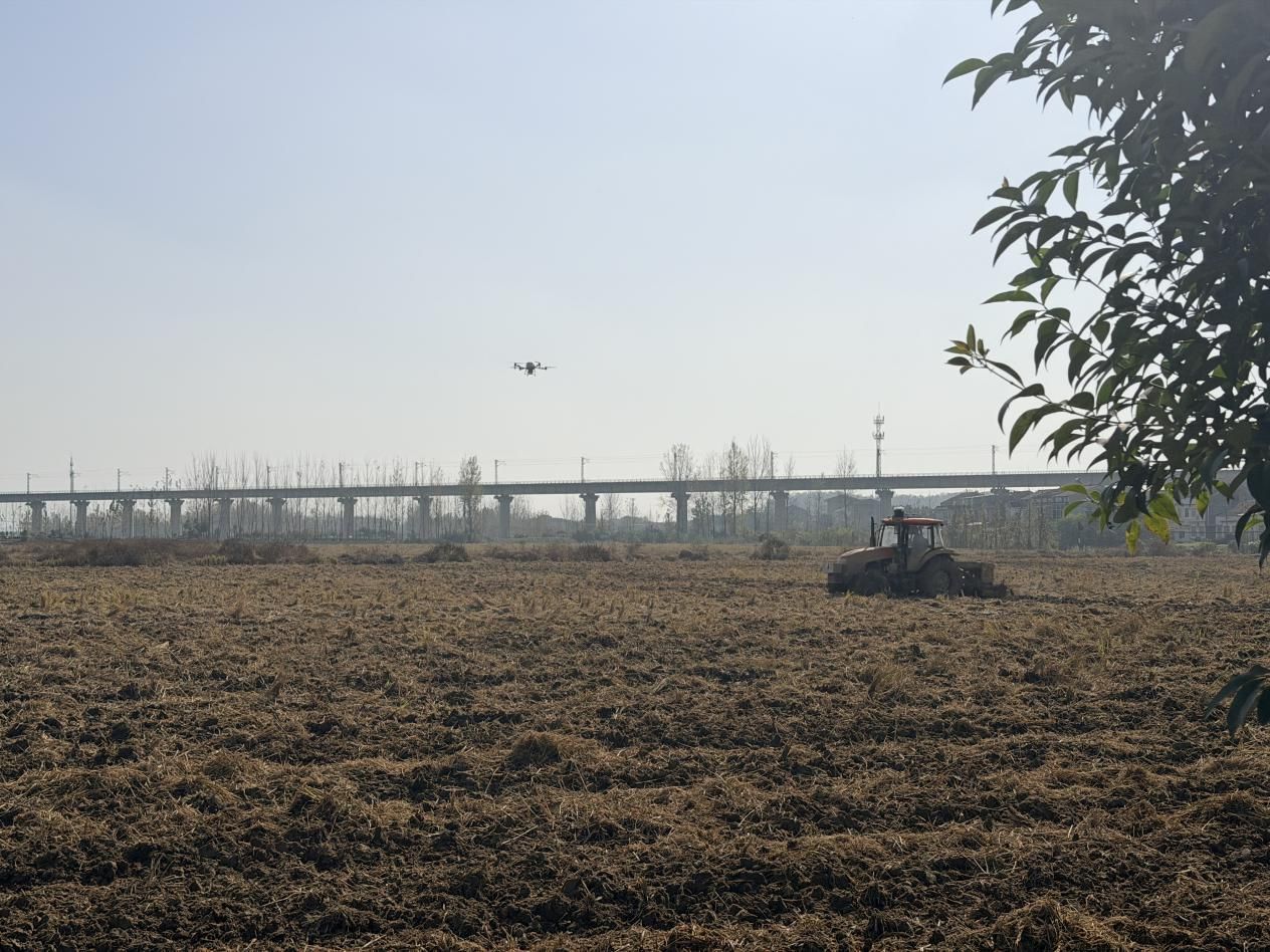 天上飞无人机地上跑播种机！谷城城关镇格垒嘴村奏响秋播“空地协同”交响曲(图1)